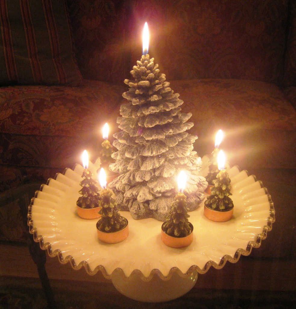 Fenton cake stand with candles