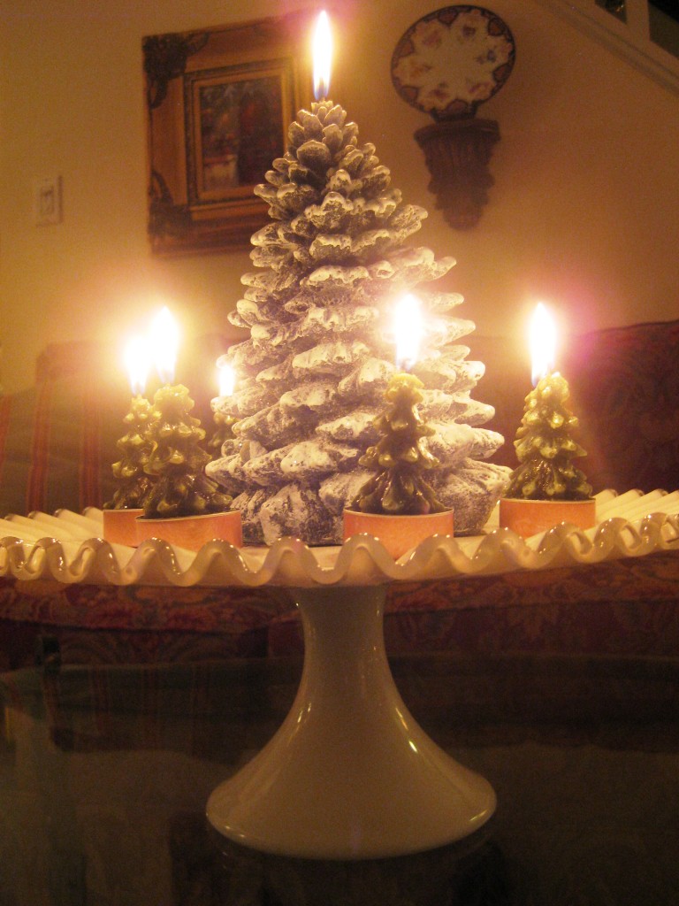 Fenton cake stand with candles